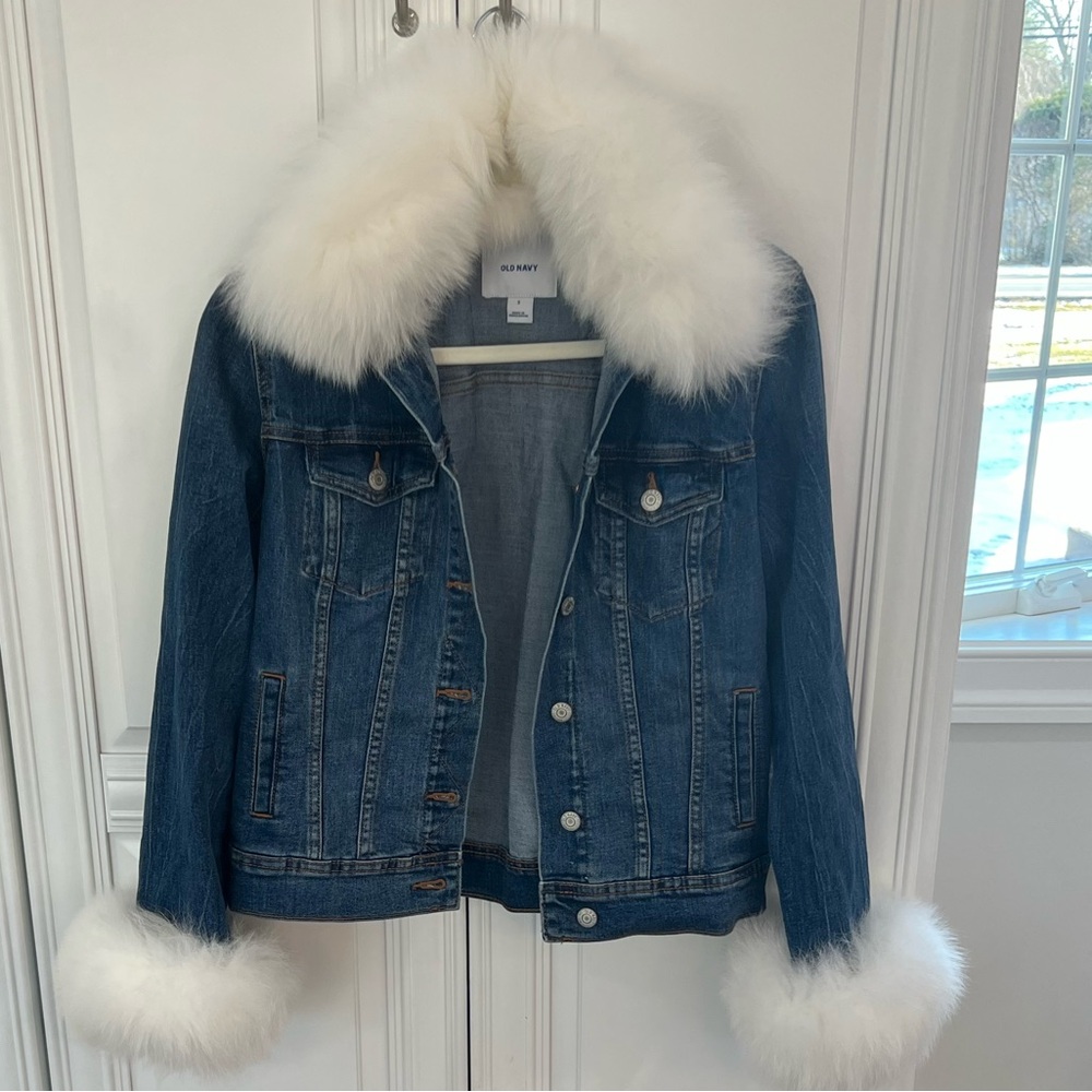 Old Navy Blue Denim Jacket with White Fox Fur Collar